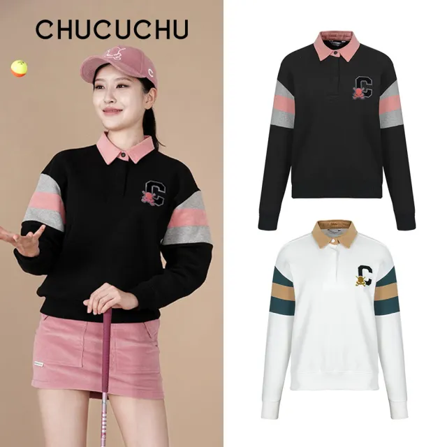 【CHUCUCHU】撞色拼接 POLO長袖上衣 衛衣 大學T 高爾風 防曬衣 女上衣