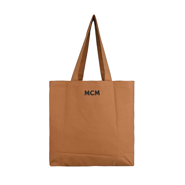 【MCM】MCM 簡約燙印黑字LOGO Lauretos圖案設計帆肩背托特包(白蘭地褐)