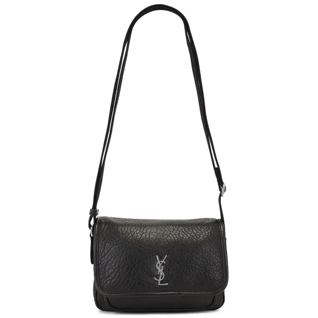 【YSL】專櫃經典款 NIKI系列銀色金屬LOGO粒面小羊皮翻蓋肩 斜背包/郵差包(小款 包包沒有很大 請注意尺寸)