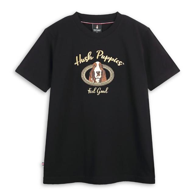 【Hush Puppies】男裝 上衣 立體草寫英文刺繡圖騰狗上衣(黑色 / 53110105)