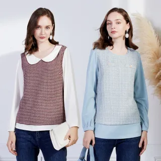 【MYVEGA 麥雪爾】MA小香風異材質拼接雪紡袖上衣-多款任選(小香風/雪紡上衣/長袖上衣)