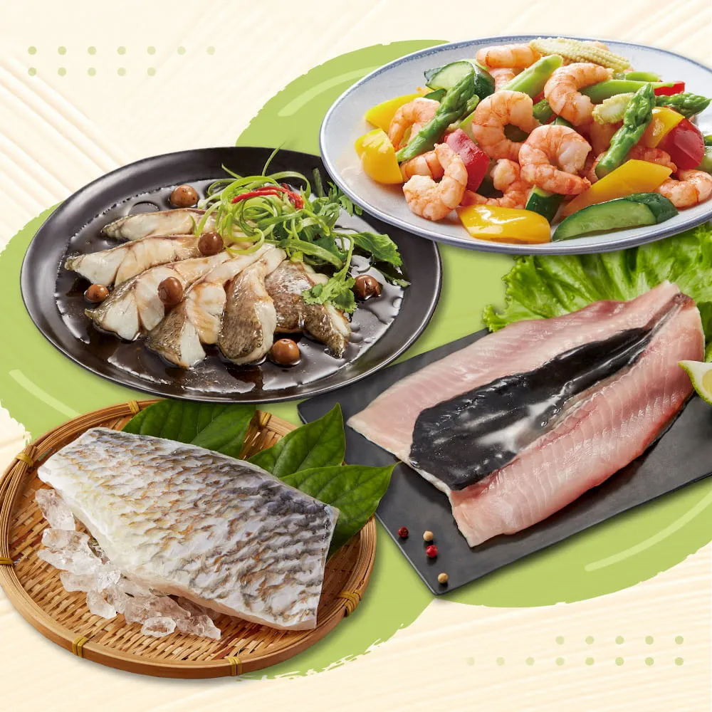 【大成】魚蝦超值7件組｜虱目魚肚x2、鱸魚x2、根島鸚哥魚x1、根島海蝦仁x2(海產 水產 去刺去鱗)