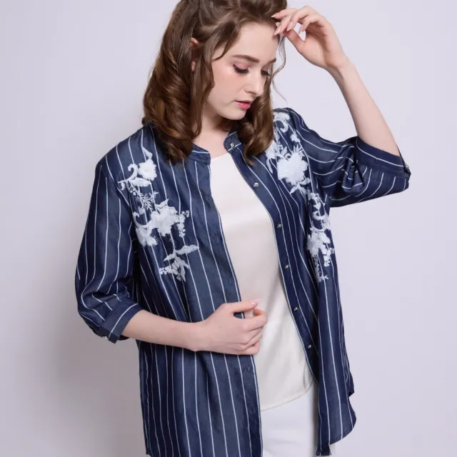 【SuperWands】時尚刺繡丹寧長版襯衫外套