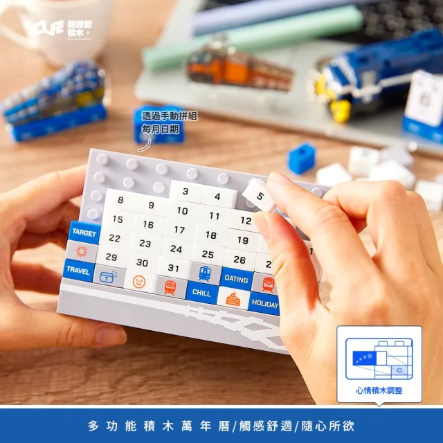 【YouRBlock 微型積木】創意萬年曆 台鐵款(附3款台鐵列車晶磚立體畫 藍皮解憂號、R200、E500 台鐵授權商品)