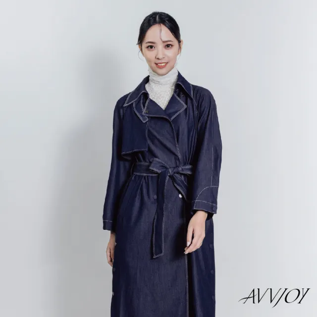 【AVVJOY 艾薇卓爾】絲光藍長版風衣(上衣 外套 大衣 牛仔 風衣 韓版風 牛仔外套 長款風衣 CLA0304DS)