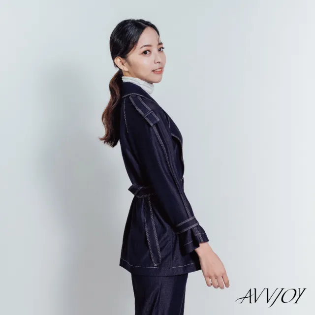 【AVVJOY 艾薇卓爾】絲光藍短版風衣(上衣 外套 大衣 牛仔 風衣 韓版風 牛仔外套 長款風衣 CLA0305OW)