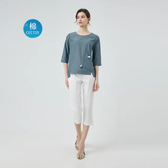 【ILEY 伊蕾】萌趣狐狸刺繡純棉上衣(藍；M-XL；1251011003)