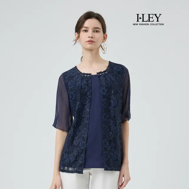 【ILEY 伊蕾】蕾絲拼接假兩件式長版上衣(深藍;L-3L;1251181706)