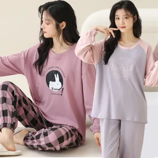 【Kosmiya】1套 多款任選 帶胸墊 棉質甜甜粉嫩長袖睡衣褲/女睡衣/長袖睡衣/兩件式睡衣(多款/均碼/加大碼)
