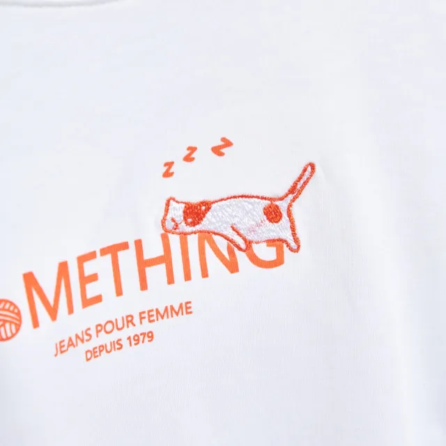 【SOMETHING】女裝 貓咪刺繡印花短袖T恤(白色)