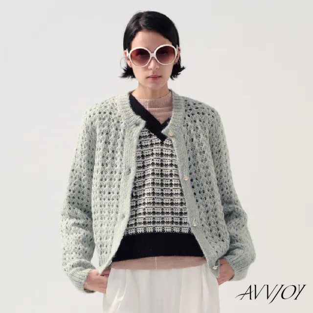 【AVVJOY 艾薇卓爾】銀蔥圓領粗針毛衣外套(羊毛 外套 毛衣 針織衫 針織毛衣 針織上衣 針織外套 CLA0287TP)
