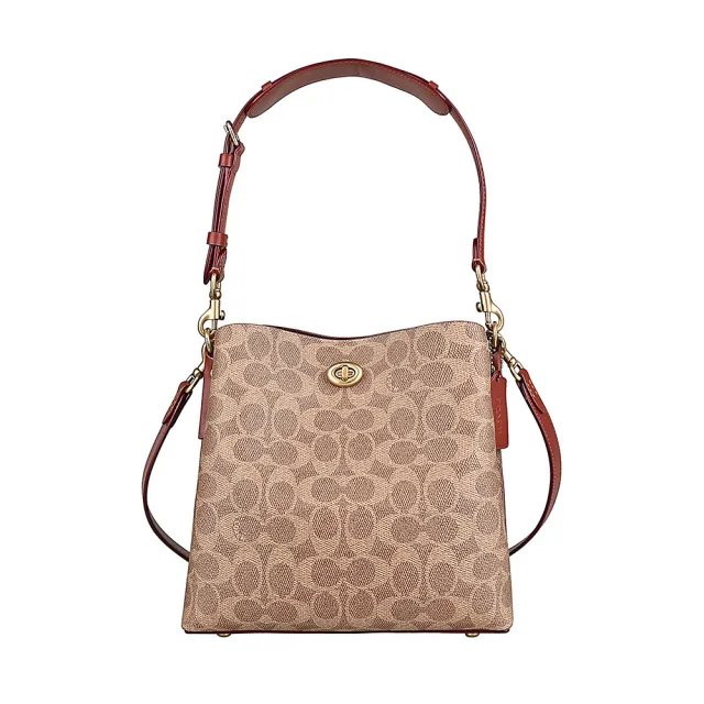 【COACH】COACH WILLOW字母璇扣LOGO滿版印花設計塗層帆布搭牛皮釦式肩背斜背水桶包(卡其x棕紅)