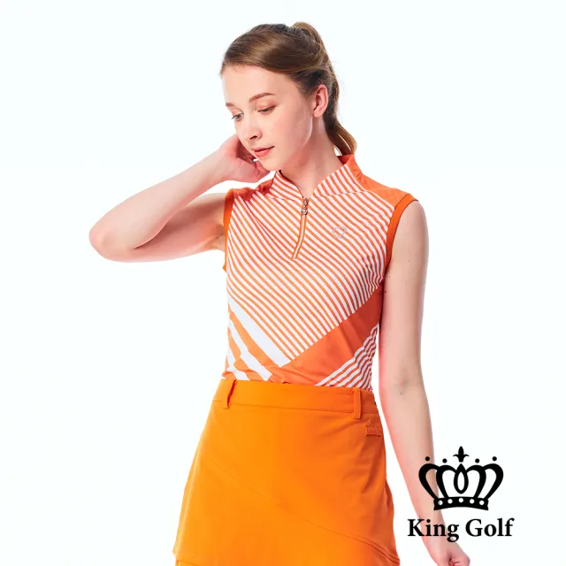 【KING GOLF】速達-網路獨賣款-女款線條撞色燙鑽小立領拉鍊背心POLO衫/高爾夫球衫(橘色)