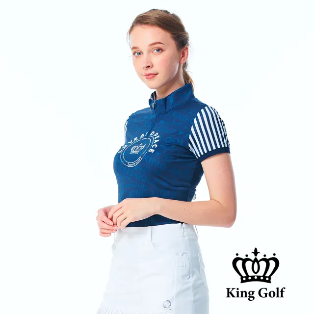 【KING GOLF】速達-網路獨賣款-女款英文底圖拼接異色條紋袖設計立領拉鍊POLO衫/高爾夫球衫(丈青)