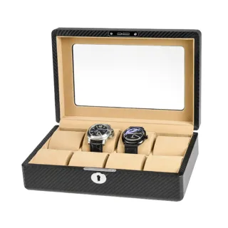 【P&W】名錶收藏盒 8支裝 玻璃鏡面 碳纖維紋 木質 手工精品錶盒(6.2cm 加大隔間 手錶收納盒 帶鎖)