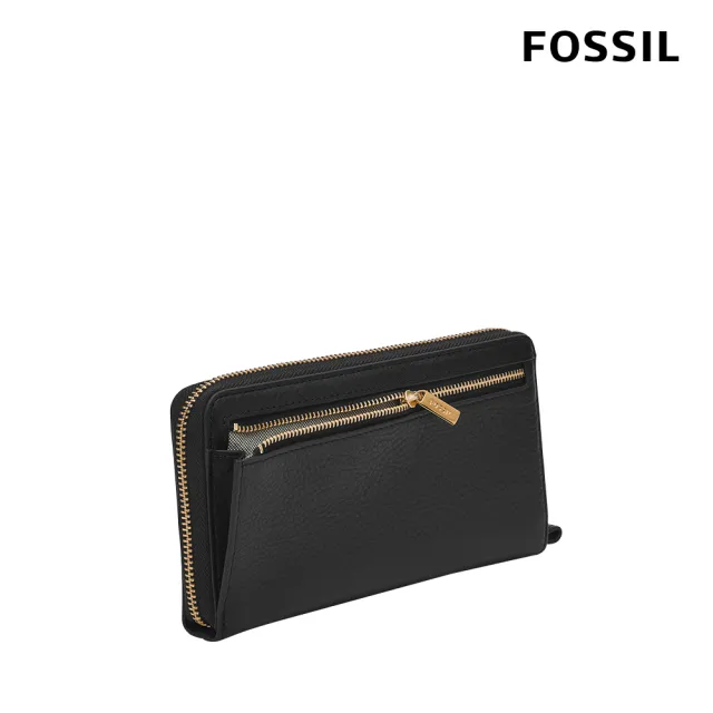 【FOSSIL】Liza 真皮拉鍊式長夾-黑色X金飾片 SL7878G001