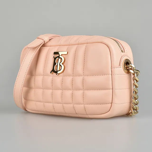 【BURBERRY 巴寶莉】BURBERRY LOLA經典LOGO斜背拉鍊絎縫小羊皮相機包(迷你/蜜桃粉)