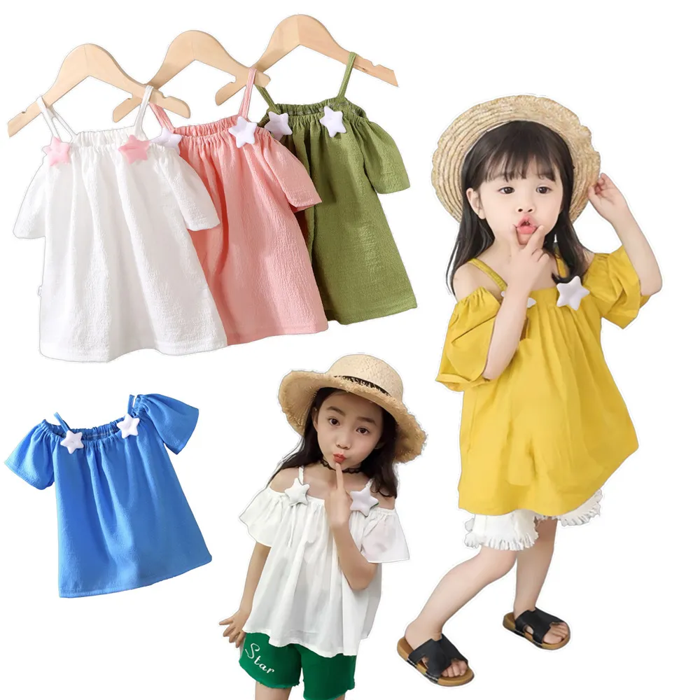 【安朵童舖】現貨韓版女童露肩甜美上衣兒童露肩吊帶上衣短袖上衣背心上衣短袖T恤背心T恤(17)