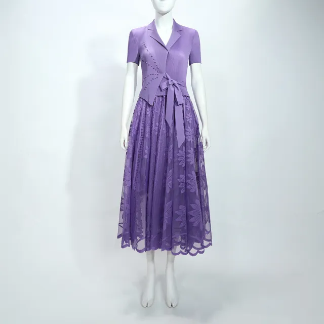【ILEY 伊蕾】綁帶壓褶蕾絲網紗洋裝(紫；M-2L；1252567102)