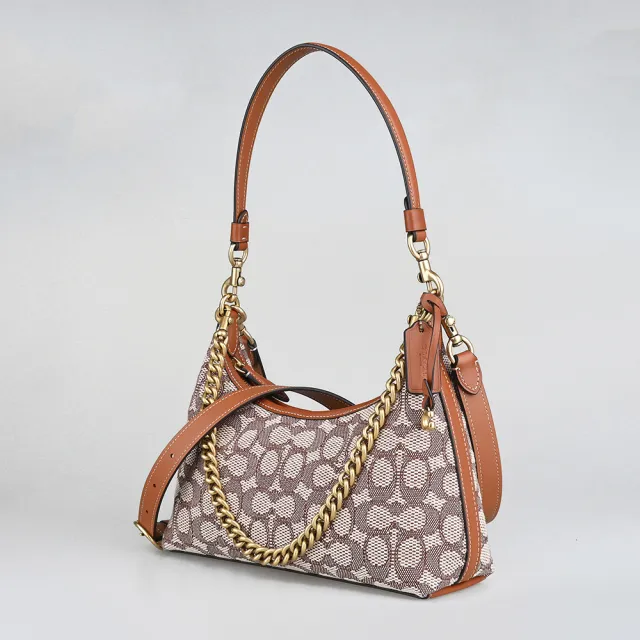 【COACH】COACH JULIET 25經典C字緹花布拼接皮革手提單肩斜背包(米白x棕)