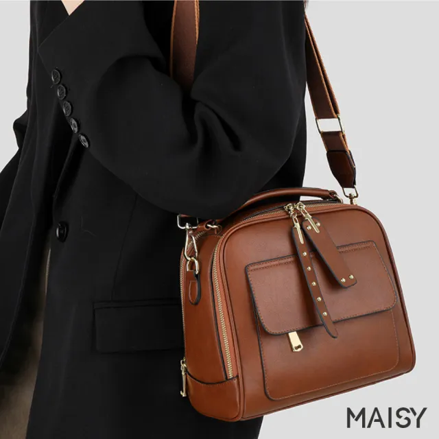 【MAISY】時尚寬肩帶多格層小方包 手提包 肩背包(黃色／棕色／黑色)