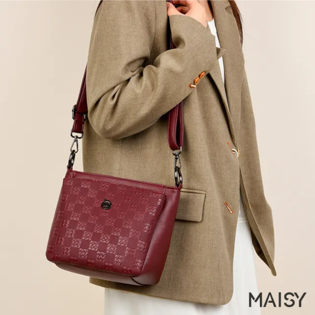 【MAISY】簡約格紋印花拉鍊手提包 肩背包 通勤包(卡其色／咖啡色／黑色／紅色)