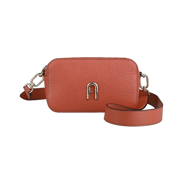 【FURLA 芙拉】FURLA Primula LOGO拉鍊荔枝小牛皮斜背方包(迷你/肉桂紅)