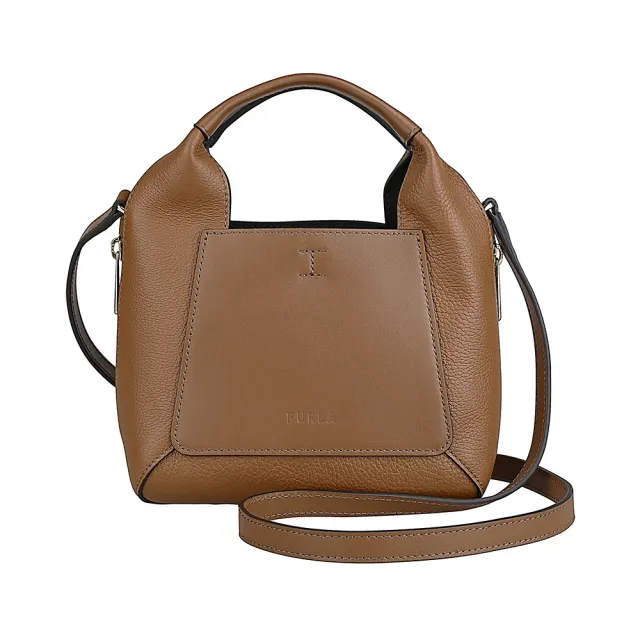 【FURLA 芙拉】FURLA Gilda經典LOGO扣環式側面拉鍊小牛皮手提斜背托特包(迷你/白蘭地褐)