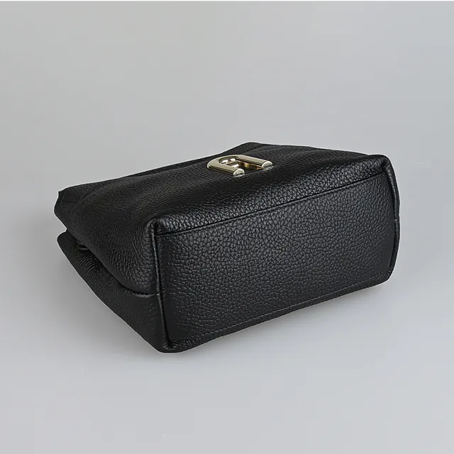 【FURLA 芙拉】FURLA Primula復古拱門LOGO荔枝紋小牛皮扣式手提斜背流浪包(迷你/黑)