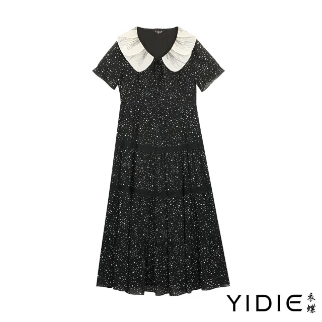 【YIDIE 衣蝶】拼接蕾絲點點蛋糕裙長洋裝-黑
