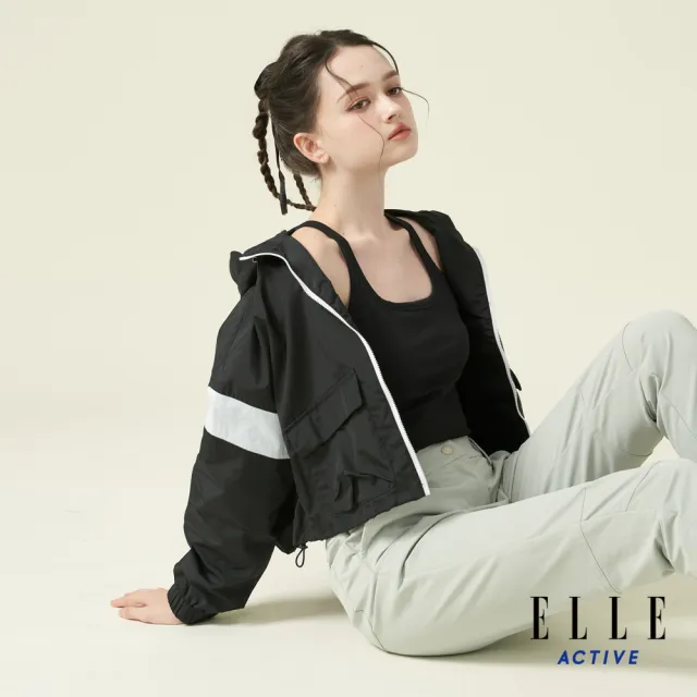 【ELLE ACTIVE】女款 配色剪接落肩短版連帽外套-黑色(EA24A2W6101-99)