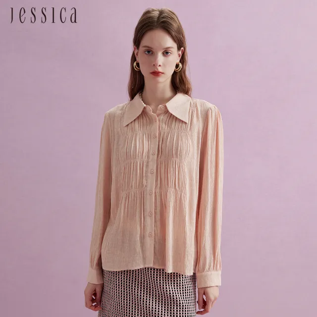 【JESSICA】氣質百搭多層次抓皺紋理長袖襯衫上衣（粉）J44300
