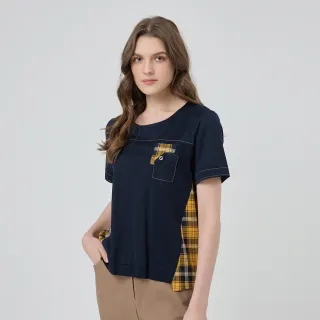 【ILEY 伊蕾】格紋拼接縲縈絲光棉上衣(深藍；M-2L；1252181217)