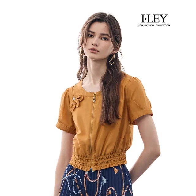 【ILEY 伊蕾】立體花朵拉鍊蠶絲短袖外套(卡其;M-XL;1252014023)