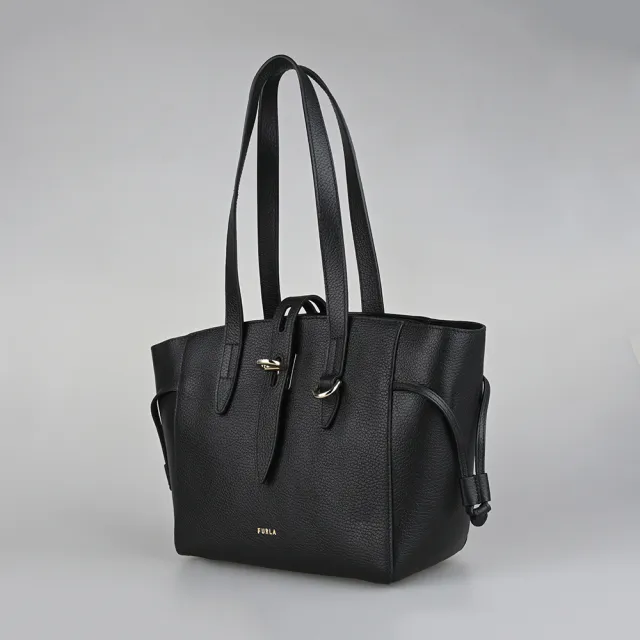 【FURLA 芙拉】FURLA NET LOGO拉鍊璇扣小牛皮肩背托特包(黑)