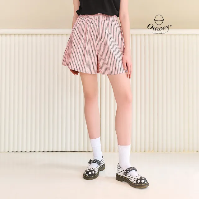【OUWEY 歐薇】寬版直條紋中腰純棉短褲(粉；S-L；3251156006)