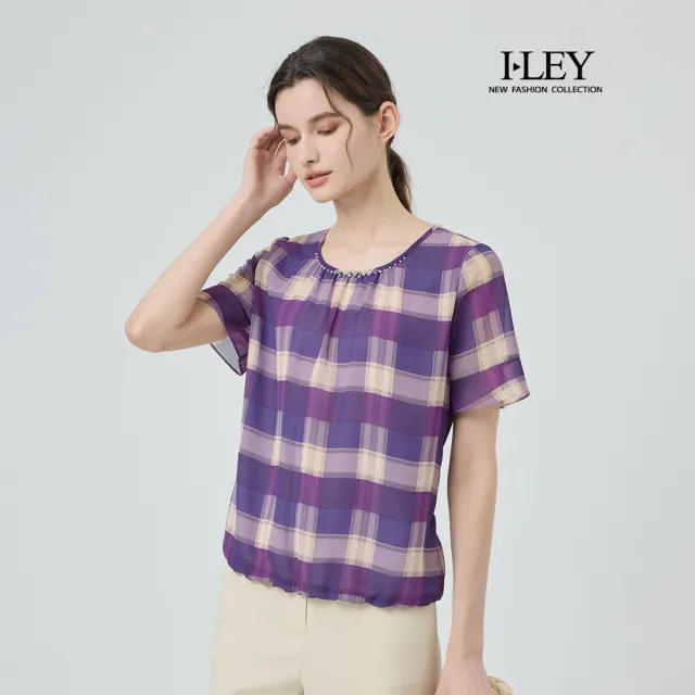【ILEY 伊蕾】浪漫格紋喇叭袖雪紡上衣(紫；M-2L；1251181403)