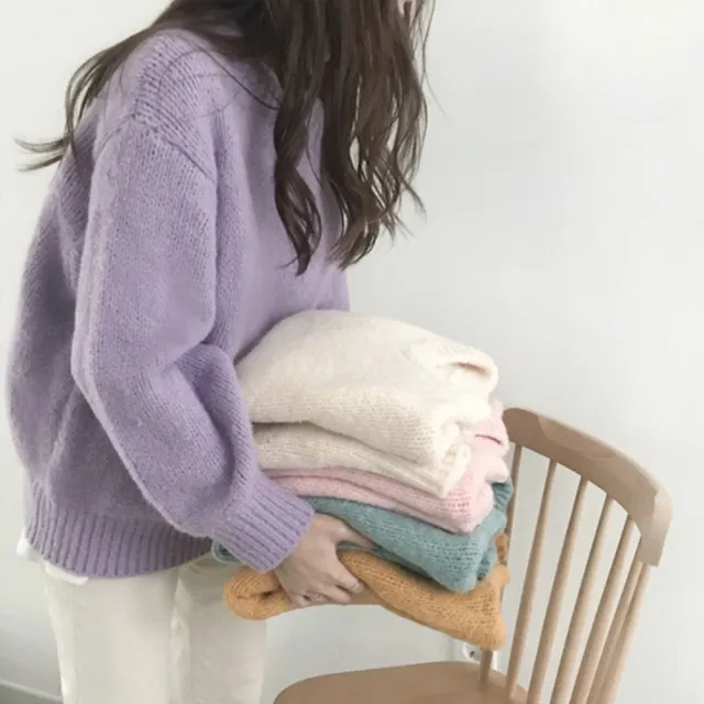 【D.studio】韓版寬鬆慵懶風圓領毛衣(針織上衣長袖上衣衣服長袖t恤保暖上衣女裝秋冬女裝發熱衣 W560)