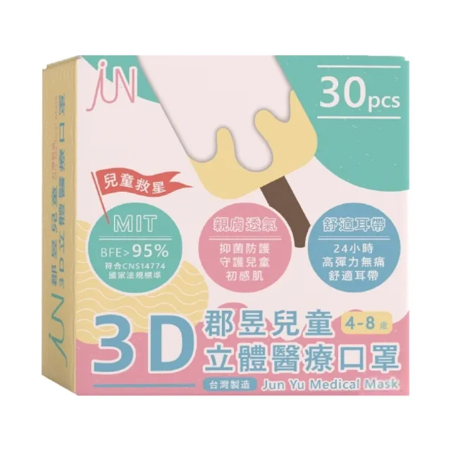 【JUN 郡昱】4-8歲兒童3D立體醫療口罩-30入/盒-童趣花樣系列(台灣製造 3D口罩 立體口罩 兒童口罩 台灣口罩)