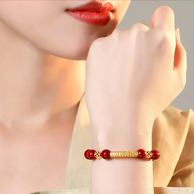 【桃花源創意工坊】財源滾滾硃砂手鍊s925銀百福彎管女紫金砂硃砂手鍊(手鍊)