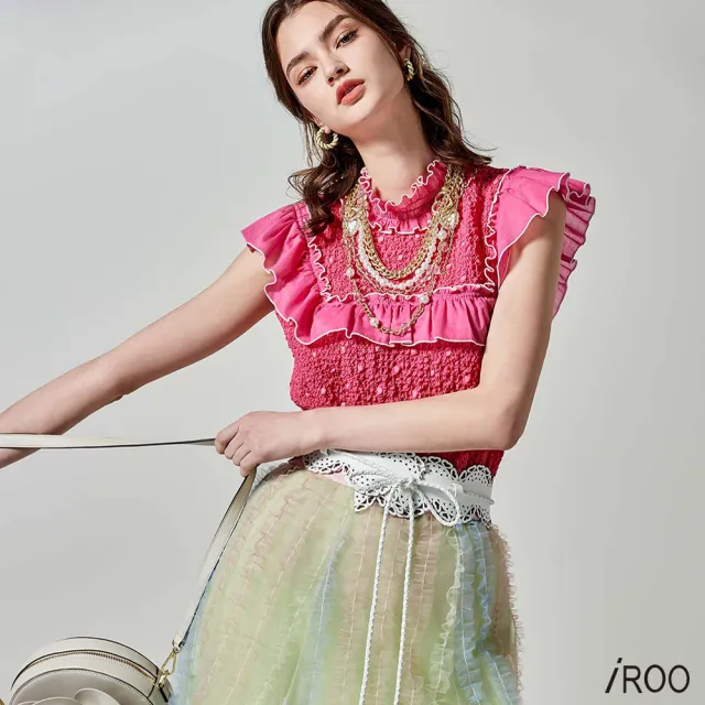 【iROO】漸層配色復古線條網紗裙