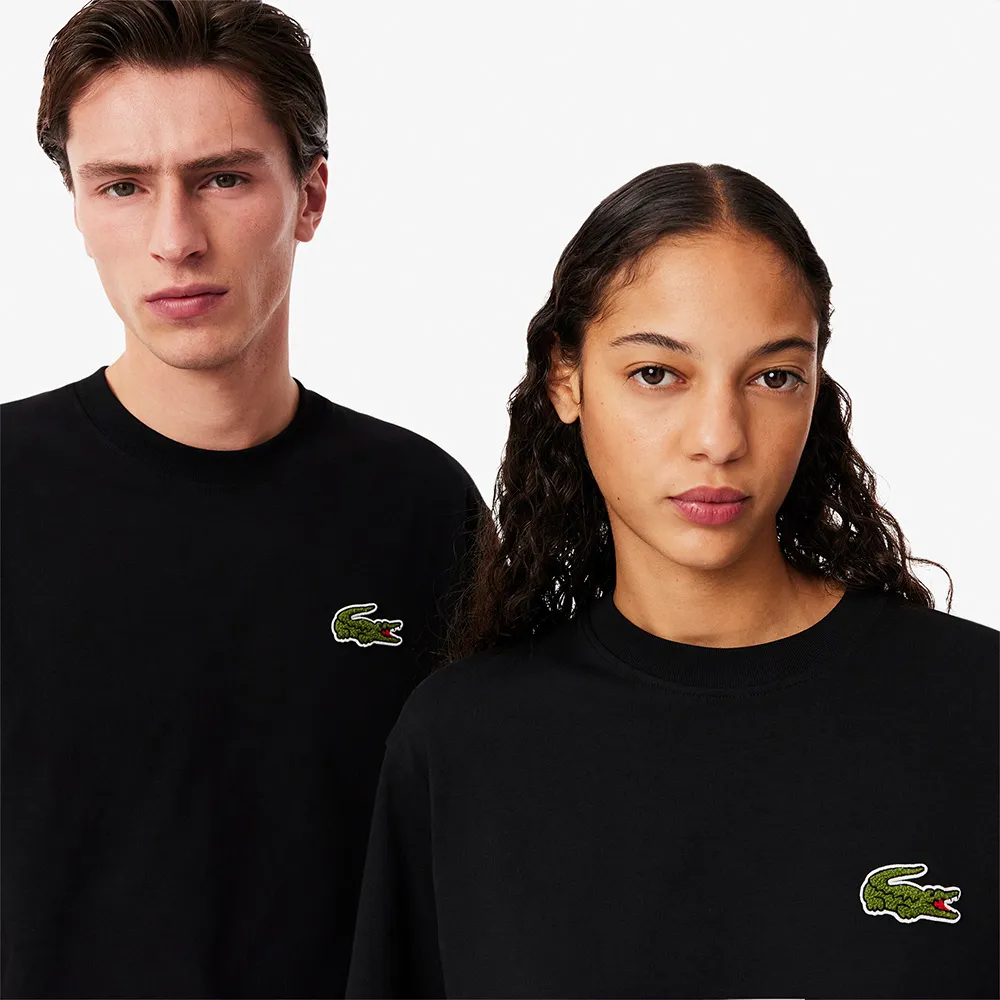 【LACOSTE】中性款-寬鬆棉質平紋針織短袖T恤(黑色)