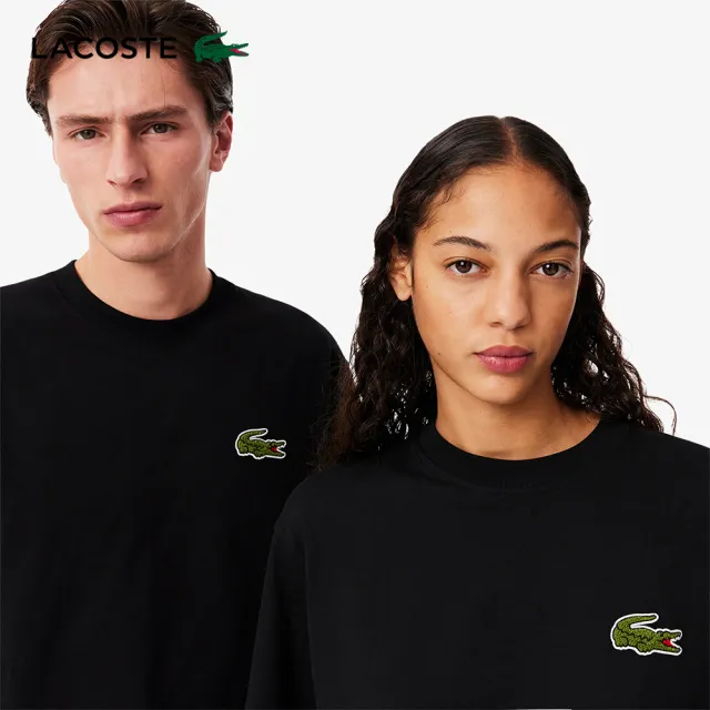 【LACOSTE】中性款-寬鬆棉質平紋針織短袖T恤(黑色)