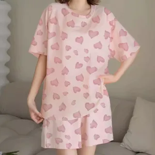 【Chic Chic 琪琪】1套組-自帶Bra防凸點薄款簡約短袖睡衣套裝(夏天睡衣/居家服/帶胸墊睡衣/女睡衣)