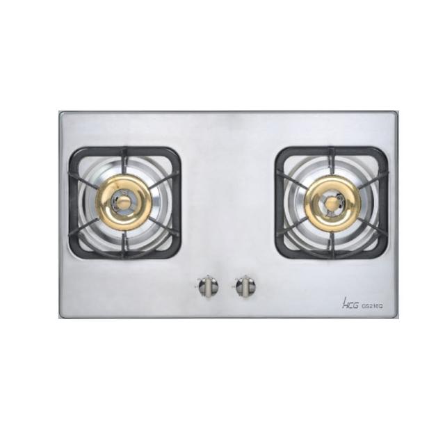HCG和成 GS216Q 雙口瓦斯爐，臺灣原廠製造，採用耐用不鏽鋼爐臺與傳統外擴火焰設計，提供電子連續點火安全便利。瓦斯消耗量9~10kW，能源效率第三級，適用天然氣與桶裝瓦斯，機體尺寸700×430×145mm，挖孔尺寸670×350mm R60。BSMI認證R51240，享1年保固，標準安裝，適閤家庭廚房使用，提升烹飪效率。