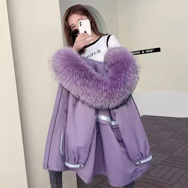 【MintAriel】輕奢著衣★防風保暖真狐狸毛領全長獺兔內裡皮草派克服-薰衣紫★(一衣三穿品味時尚)