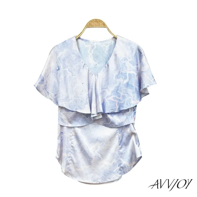 【AVVJOY 艾薇卓爾】荷葉邊印花無袖連襯衫(襯 上衣 短袖 襯衫 女襯 女襯衫 短袖襯衫 CLA0470TP)