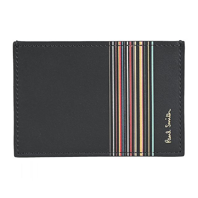 【Paul Smith】PAUL SMITH金字LOGO小牛皮多色條紋2卡開口式卡夾(男款/黑)