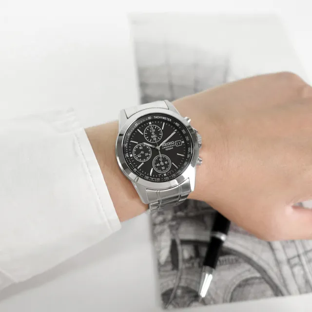 【SEIKO 精工】三眼計時 日期 防水100米 不鏽鋼手錶 黑色 38mm(SND309P)