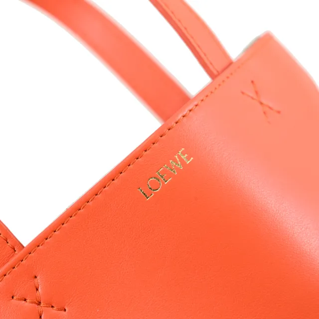 【LOEWE 羅威】Puzzle Fold mini 簡約燙金LOGO幾何拼接小牛皮手提包兩用包(橘/酒紅)